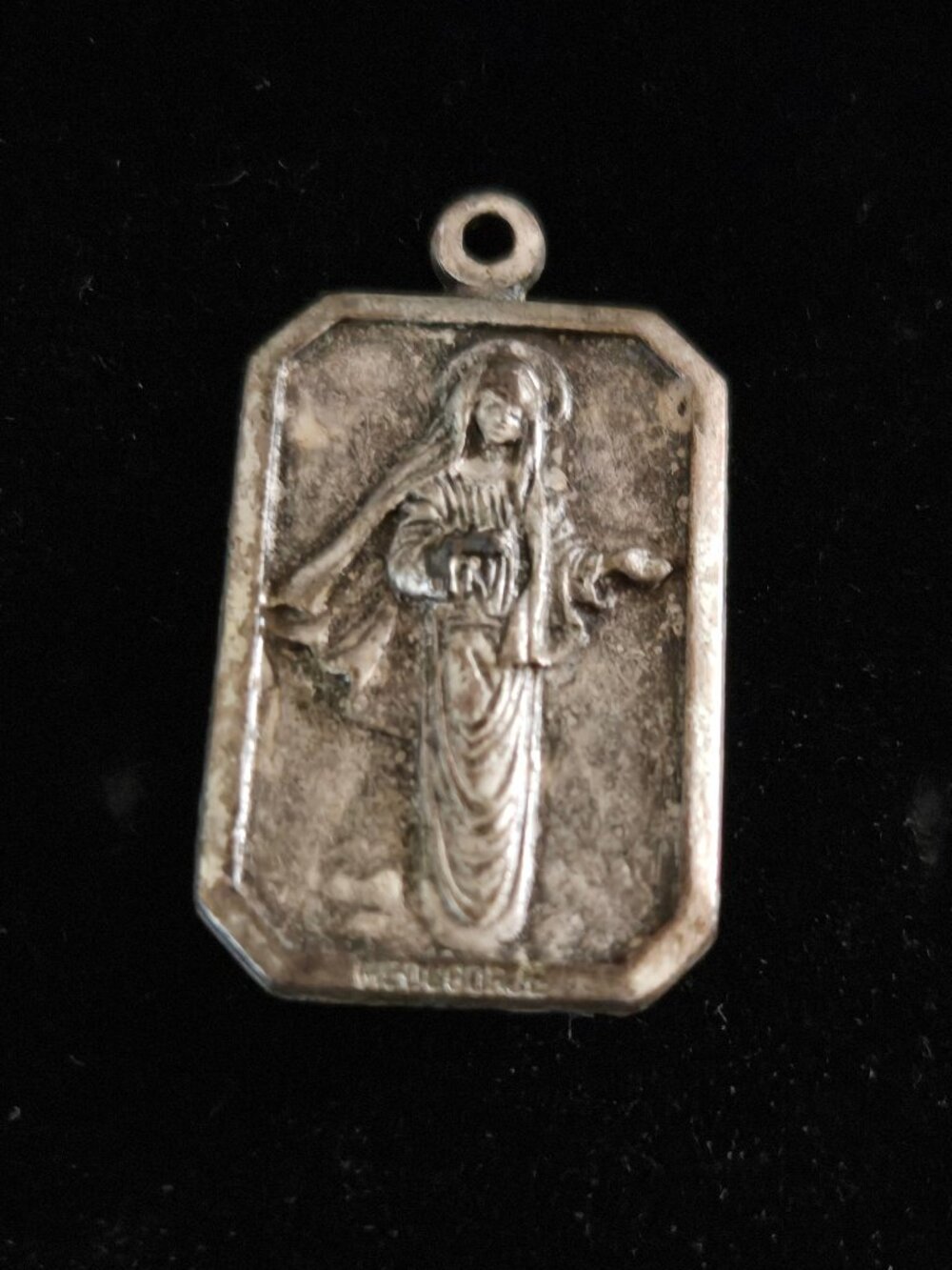 Vintage Silver Tone Our Lady of Medjugorje Square Pendant 1"